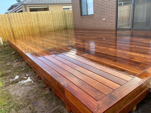 Close up of finished hardwood decking boards
